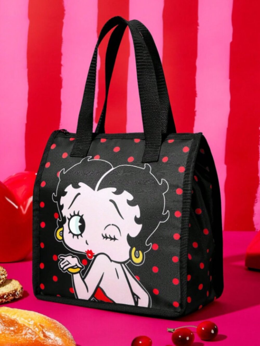 Betty Boop Insulated Lunch Bag Black Red Polka Dot Large Thermal Tote Picnic